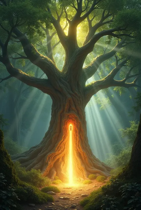 A bright divine light comes out from the middle of an ancient tree in the forest.