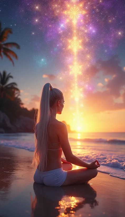 "A captivating, spiritually themed image capturing a journey of energy expansion and higher dimensional awakening. 

The scene features a so beautiful sexy young woman with long, straight, white hair tied in a glowing ponytail, a sexy figure, large breasts...