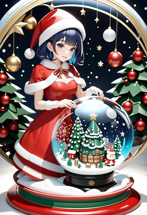 (masterpiece, best quality),3d rendering,octan rendering,(figure,nendroid,flat:1.2),A beautifully detailed illustration of a snow globe containing a festive scene. Inside the snow globe, there is a cute anime-style girl dressed in a Santa costume, complete...