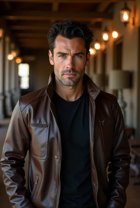 An Attractive man Captain Darien Lambert from the Time Trax movie, (Dale|midkiff), in a luxurious dark brown leather Jacket with Black Tech Tshirt,Black Hair,inside a house,Blue eyes,Jealous,clean shaven,