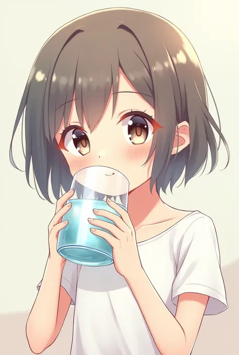 Cute  with short hair drinking water anime
