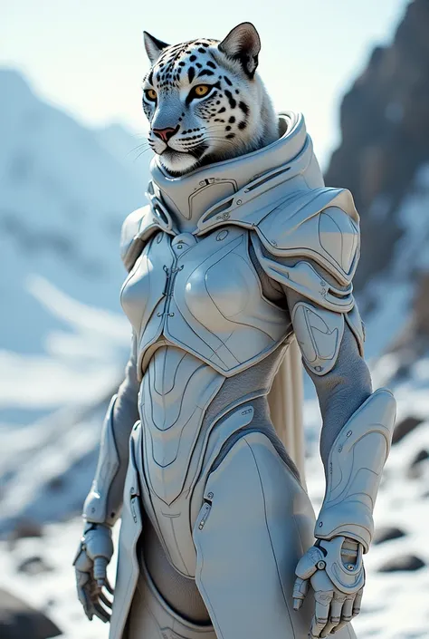 Create a fashion costume inspired by the snow leopard and mountains, featuring unusual shapes and textures. The design should be innovative yet feasible to bring to life, incorporating unique forms and intricate details that reflect the elegance of the sno...