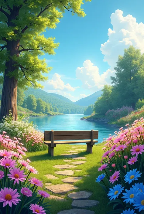  Garden of flowers, pink daisies and blue daffodils with a blazing blue sky, with a wooden bench located in the center of the image facing a river 