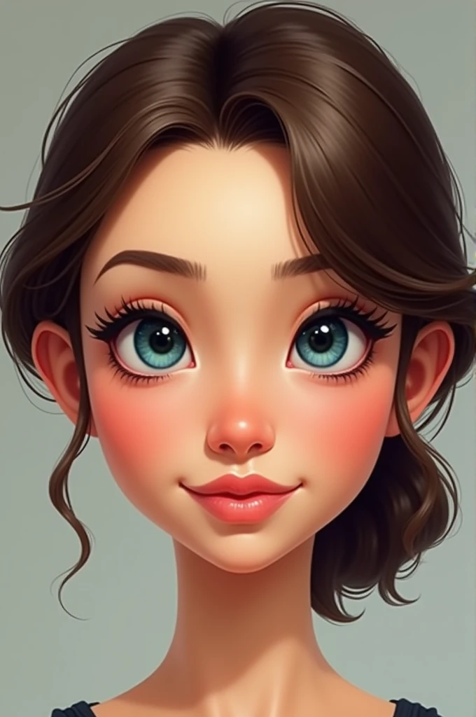  A face of a person with the following features , round face,  with prominent chin , wavy hair, with widows beak , thin and separated eyebrows ,  dark blue eye color ,  small, almond-shaped ,  Long eyelashes, Without dimples ,  medium mouth size ,  Thick l...