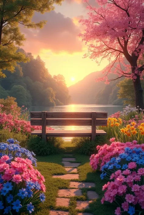 Flower garden with pink daisies and blue daffodils with a blazing sky with a wooden bench located in the center of the image facing a river