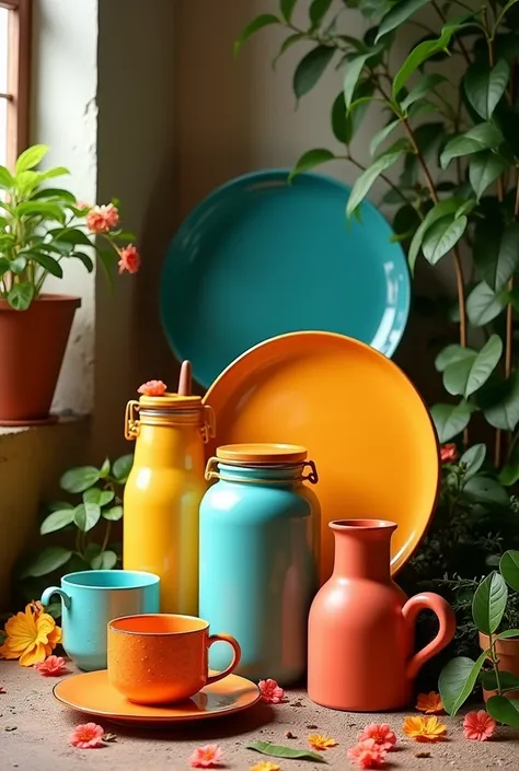 Jars, plates, cups, bright colors, flowers, many 
Place them together on the floor in a Thai house.