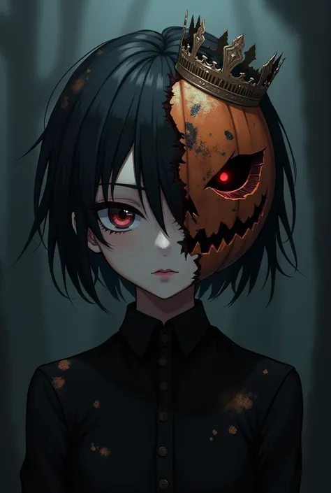 dark anime boy with broken half pumpkin mask om right side with crown and mask on right side
