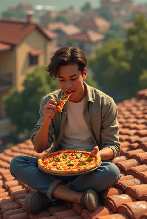 Make me a picture of a  eating pizza on the roof of a house. Make the picture realistic and pay attention to the details 