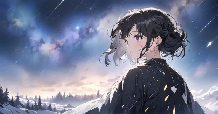  starry sky 　forest　 Milky Way　 Girl with Long Black Hair　 back view　 Tattered Clothes　 scenery main 　anime