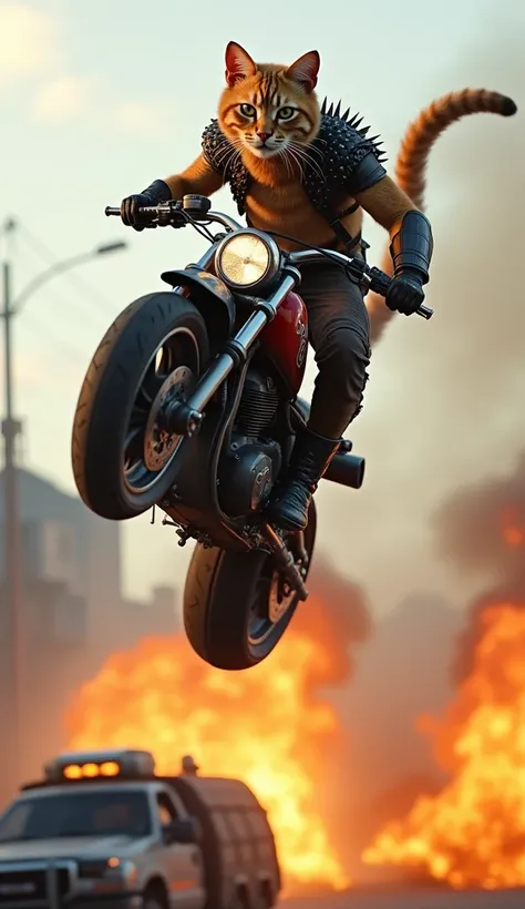 The humanoid cat performs a mid-air flip on its motorcycle, flying over an exploding vehicle. Its outfit features a spiked shoulder pad, and its tail flows dynamically in sync with the motion. Flames and smoke trail behind, amplifying the danger of the stu...