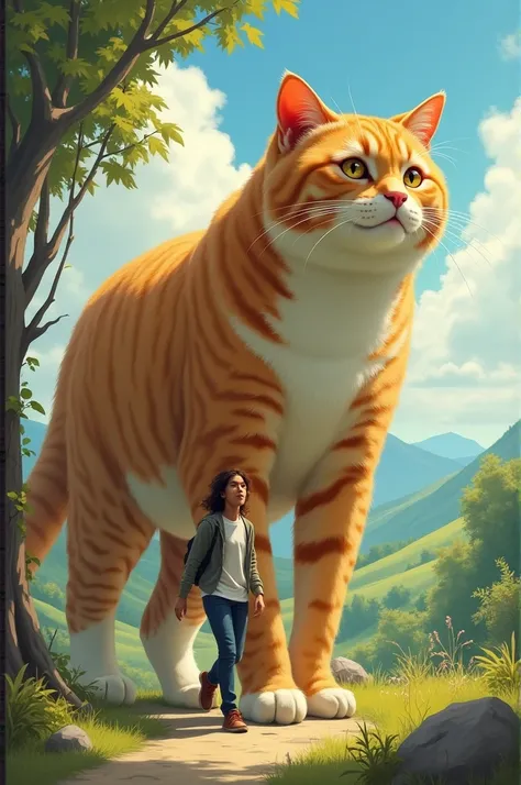 Someone walks along with a giant cat 