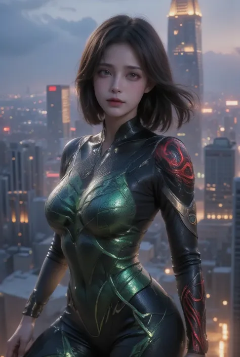 In this full-body portrait, a beautiful and confident Chinese woman is portrayed as a unique superhero, blending the iconic aesthetics of a green Spiderman and a red Black Panther. Her sleek, form-fitting superhero suit features vibrant green web-like patt...