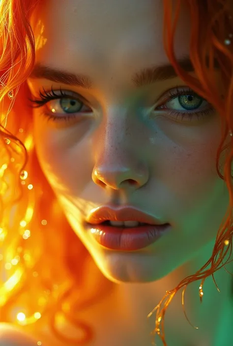 Hyperrealistic close-up of a mythical ethereal goddess, fiery red-orange flowing hair blending with molten liquid textures, glowing porcelain skin, piercing sapphire-blue eyes radiating mystery, delicate water droplets clinging to her face and hair like pr...