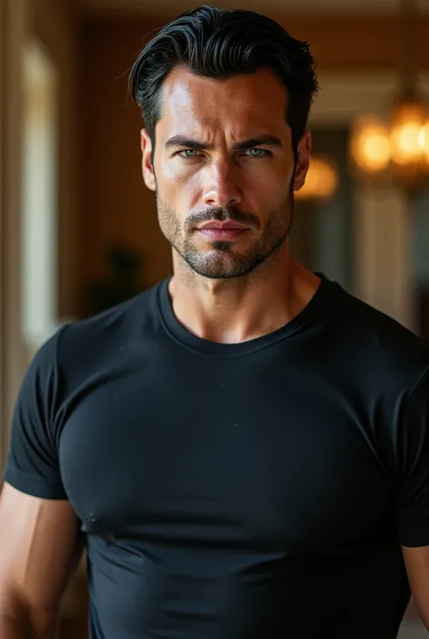 An Attractive man Captain Darien Lambert from the Time Trax movie, (Dale|midkiff), in a luxurious Tactical TShirt,Black Hair,inside a house,Blue eyes,Jealous,clean shaven,