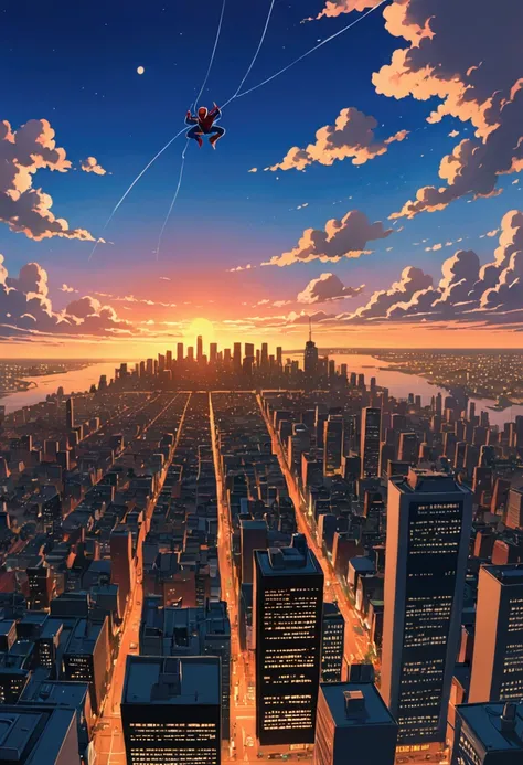 Calm and serene night sky, (((Spiderman in the sky!))))!! In the sky, micro-detail lighting, a serene sky of purple-gray clouds! Below is a city with buildings, SPIDERMAN!!! hypermicrodetail!!! professional anime!!! city ​​on the horizon!!!!!!!!!! serene, ...