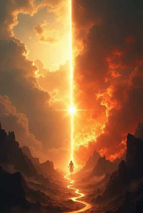 An epic split-scene illustration depicting the duality of God’s presence in heaven and hell. On the heaven side, God is represented as a radiant, benevolent figure surrounded by glowing, ethereal light, golden clouds, and serene angelic beings. The atmosph...