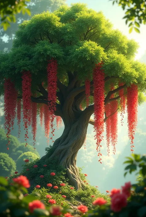 Beautiful green tree with red flowers hanging down