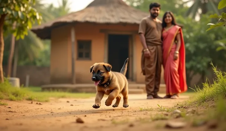 
"A delightful scene from an Indian village featuring a Koularu house with its earthy, traditional design. In front of the house, a playful puppy with a brown coat and striking black stripes is joyfully running across the open yard, full of energy and life...