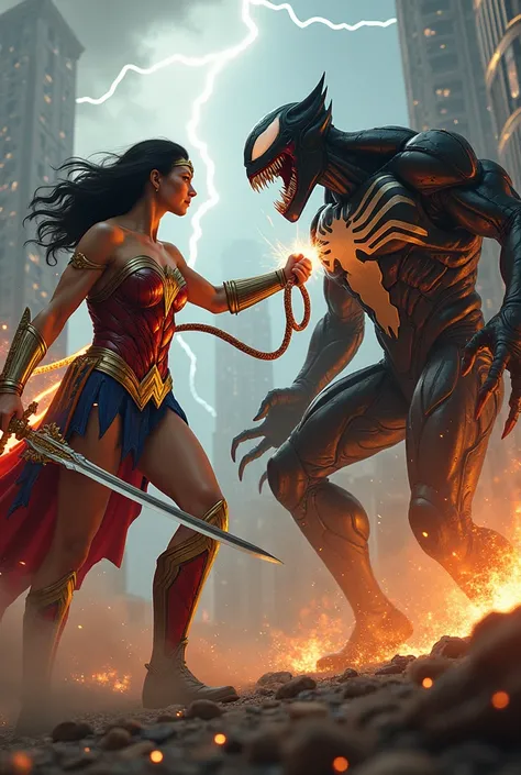 Wonder Woman reimagined as a warrior protector, blending elements from Greek, Amazonian, and futuristic armor, faces off against Venom, who is equally reimagined with symbiote-inspired armor and chaotic energy. Wonder Woman’s suit blends traditional Greek ...