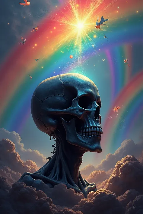 Black skull, a lot of rainbows around the skull, bunch of colors everywhere 