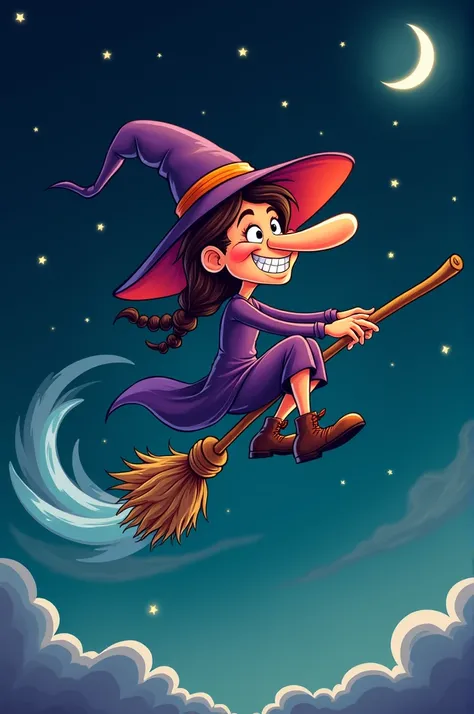 Witch with a broomstick flying black cartoon 