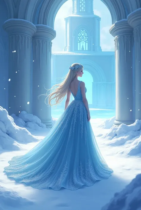 An elegant anime-inspired frost queen standing in front of an icy palace, her gown sparkling like freshly fallen snow. With an Arcane art style, the image captures the beauty of winters chill and New Year celebration magic, perfect for fantasy lovers and f...