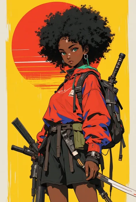   picture of a girl with a backpack and a gun,  Afrofuturism  anime, afro samurai style,   afro samurai anime style  ,  Gwydes-style work  , Sachin Ten,  Afrofuturism ,  Afrofuturism ,   afro samurai anime style  ,  