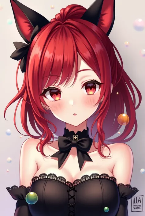 Anime girl with red hair with black locks with a high ponytail and back with loose hair with black and red cat ear and black corset with a lace necklace and black bow and look would be few bubbles 