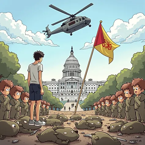 Devant le capitole luffy arrivant devant celui ci portant sont teeshirt nsm 
Des cadavres de soldats avec l uniforme owu gisent sur le sol un hélicoptère de combat avec une banderole dwele président passe dans le ciel  