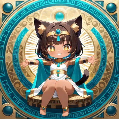 masterpiece, best quality, 8k resolution, ultra-detailed, vibrant colors,  cute chibi Bastet girl, tan skin, dark brown hair, short bob, cat ears, cat tail, large sparkling eyes,  wearing a white and gold Egyptian-style outfit, dynamic and confident pose, ...