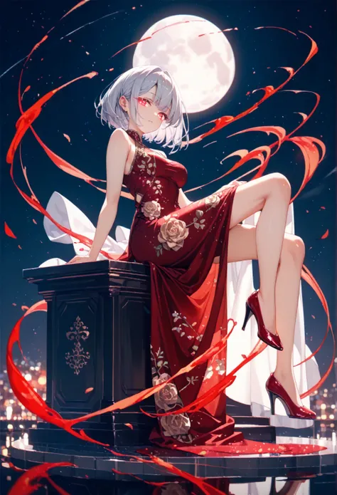 intricate details, delicate features,1girl, Alone,silver hair, red glowing eyes, bob cut sharp facial features, breasts,porcelain skin,1girl, solo,jacquard dress ,high heels,night view,moon