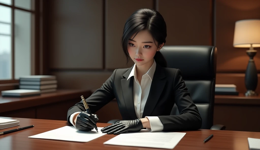 ビジネススーツに黒革手袋の、 Japanese beauty in business suit and black leather gloves
Sit down to the documents on the desk、Signed with a fountain pen 