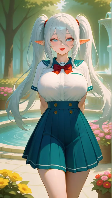 Big Breasts, 1girl, ((Long Bangs Hair,Voluminous pigtails, Silver hair)) (Forest Elf)) light blue eyes, has an extremely sexy body, with full breasts and thin waist, and an extremely sexy body, HIP HOP Beautiful School Uniform, School uniform, fantasy deta...