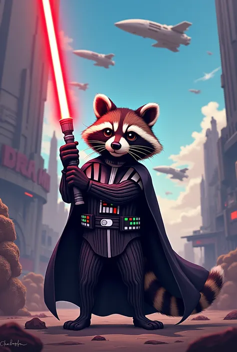 create a star wars scene. imagine Dart Vader as raccoon. Its holding light sword. Background should be releated with star wars. 2d cartoon art