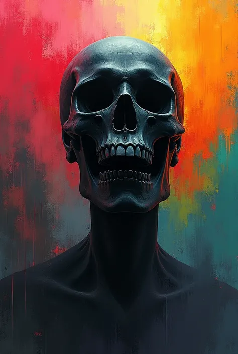 Only Black skull facing front no body, bunch of colors everywhere, red orange yellow green blue pink, 