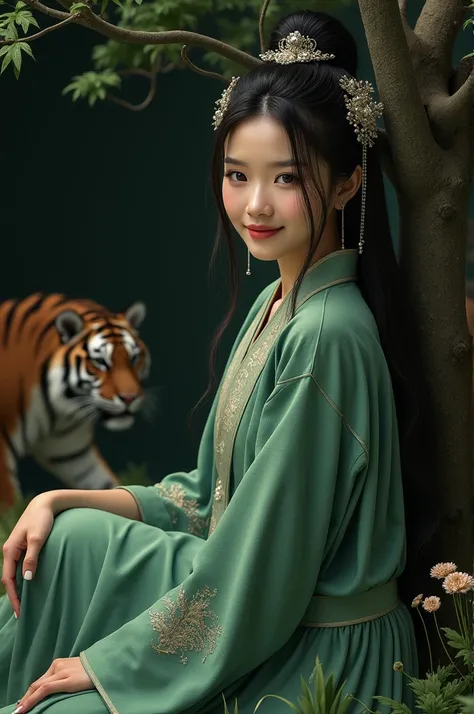  Beautiful asian woman , elegant and attractive intimate pose ,  wears long wool blouse ,  sitting facing the camera soft smile hair color white black color , green,  tied high with hair ornament ,  dark background decorated with grass and trees under the ...