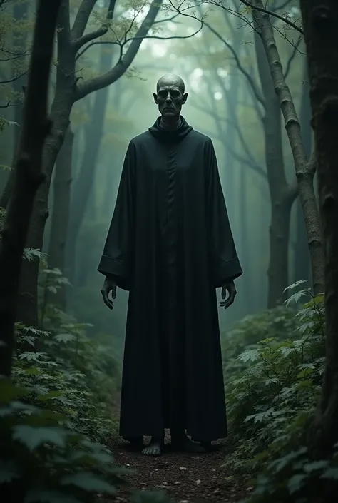 Just a human trunk with headless legs and arms dressed in priests cassock in a shady forest.