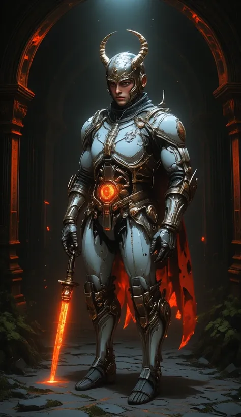  is possessed by a demon, a holy knight commander.A full-body image of an adult male . muscular body .Wear white gold holy knight armor. Eyes Deep Red . standing inside a mysterious black and red church.Bold composition 