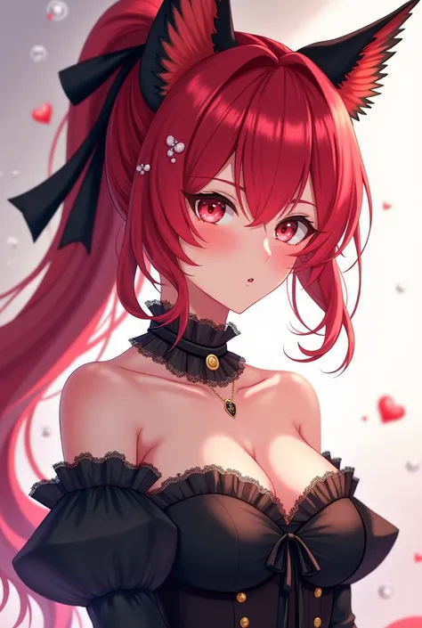 Anime girl with red hair with black locks with a high ponytail and back with loose hair with black and red cat ear and black corset with a lace necklace and black bow and look would be few bubbles 