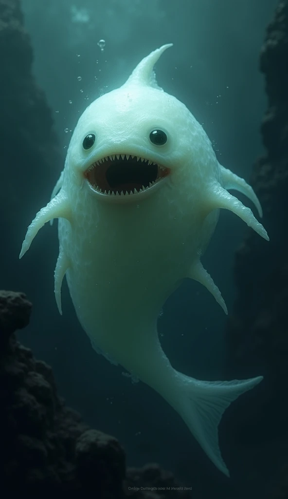  A spooky ghost bloop fish , has a sharp tail ,  its mouth is wide and its eyes are scary