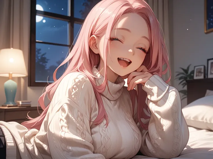  anime, pink long haired petite woman, beautiful face, open mouth, eyes closed, happy, big breasts, slim body, white sweater, she has his dick in her mouth, bedroom, night 