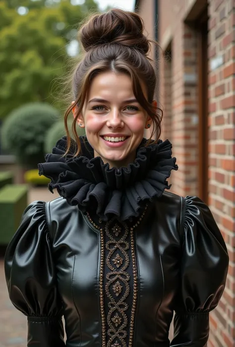 (realistic photograph close up cheerful victorian), (a big bust slender pleased beautiful (having an orgasm) looking lady with (messy hair bun)), (she is wearing (a elaborate shiny high neck dress with (long extremely big puff sleeves), (and a narrow very ...