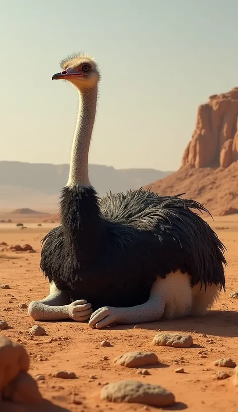 Create a close-up image of an ostrich sitting on the desert ground, with its full body visible and detailed against a rugged desert landscape."