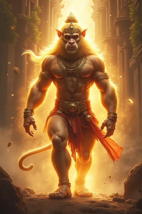 Create a vivid and highly detailed artwork or narrative capturing the majesty, strength, and divinity of Hanuman Ji, the revered monkey god and devoted servant of Lord Rama. The scene should evoke the mythical grandeur of ancient Indian epics, specifically...