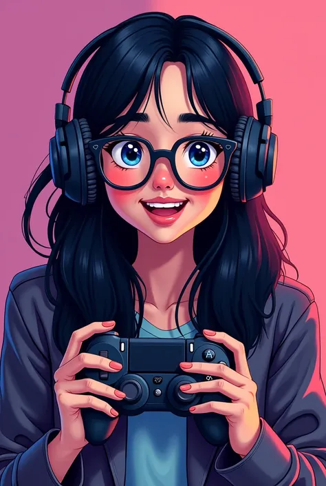  Twitch emote image of a girl with black hair ,  dark eyes, Black eyebrows, Glasses, Gamer Headphones ,  and a gamer controller who fell in love  