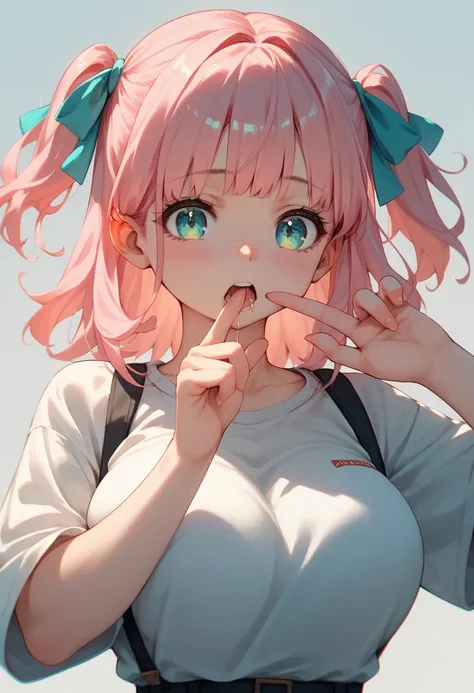 (best quality:1.2), (ultra-detailed:1.2), (2.5D:1.2), (Anime Moe Art Style), 1girl , pink hair, two side up, Cyan eyes, gradient eyes, large breasts, holds two fingers to mouth, drooling