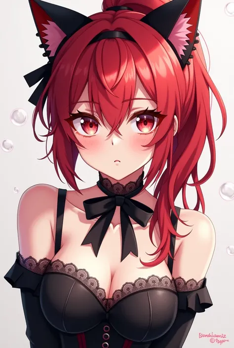 Anime girl with red hair with black locks with a high ponytail and back with loose hair with black and red cat ear and black corset with a lace necklace and black bow and look would be few bubbles 