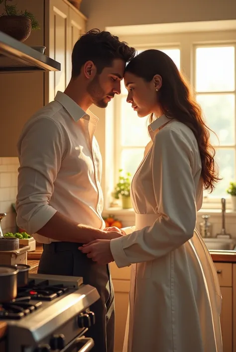 a short man wearing a buttoned white shirt who is cooking in the kitchen with his tall wife who wears a long white army coat.