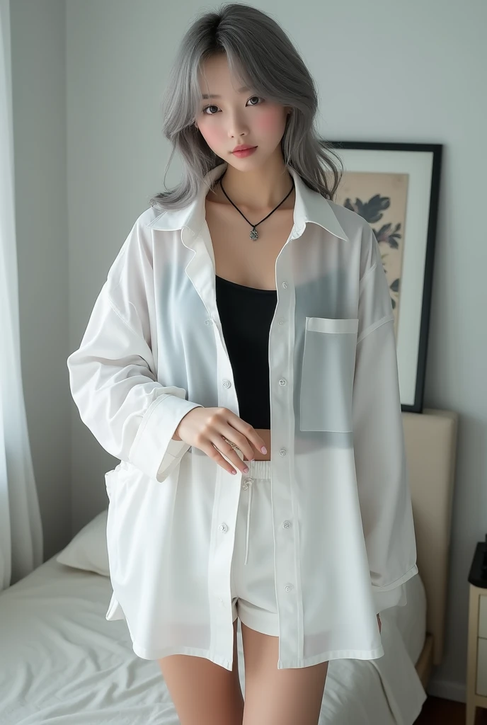  gloves , beautiful,  hyper-realistic,  masterpiece ,  best quality , Depict a mysterious and sophisticated beautiful Japanese gravure model,,  18 years old,  hidden identity ,  full body photo, /  neat gray hair , small head,  detailed face , thin and bea...