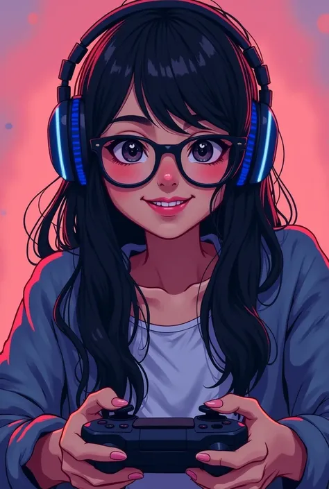  Twitch emote image of a girl with black hair ,  dark eyes, Black eyebrows, Glasses, Gamer Headphones ,  and a gamer controller who fell in love  